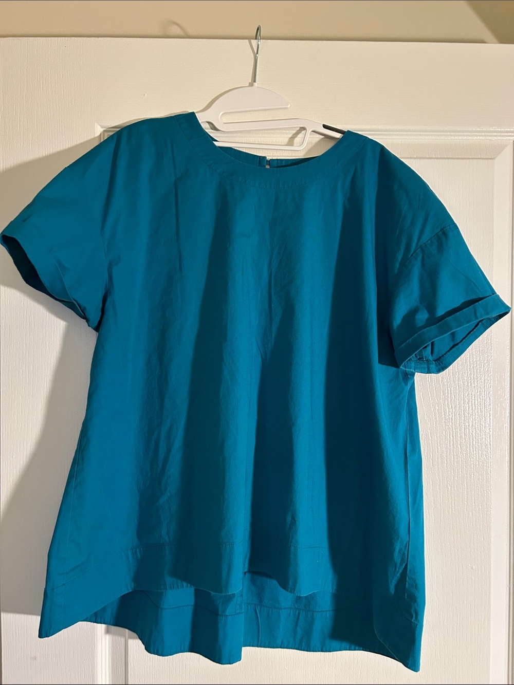 Eileen Fisher Organic Cotton Round Neck High Low Short Sleeve Top Teal SZ L